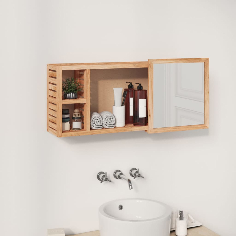 vidaXL 3 Compartment Solid Wood Walnut Sliding Mirror Bathroom Cabinet Image 5