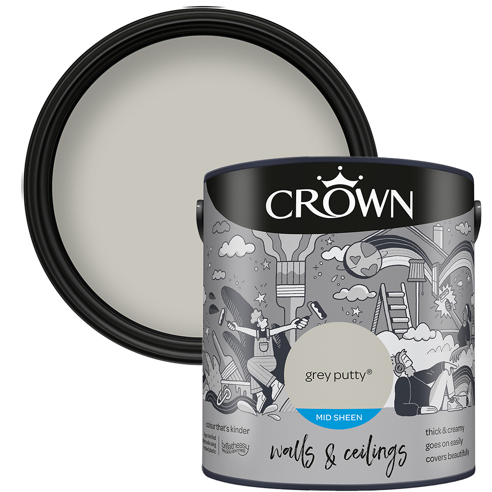 Crown Walls & Ceilings Grey Putty Mid Sheen Emulsion Paint 2.5L Image 1