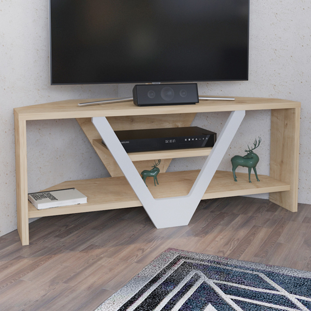 Decorotika Karin 2 Sheld Oak and White Modern Corner TV Unit Image 1