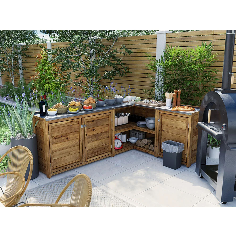 Dunster House 3 Door 2 Shelf Stainless Steel Countertop L-Configuration Garden Kitchen Unit Image 2