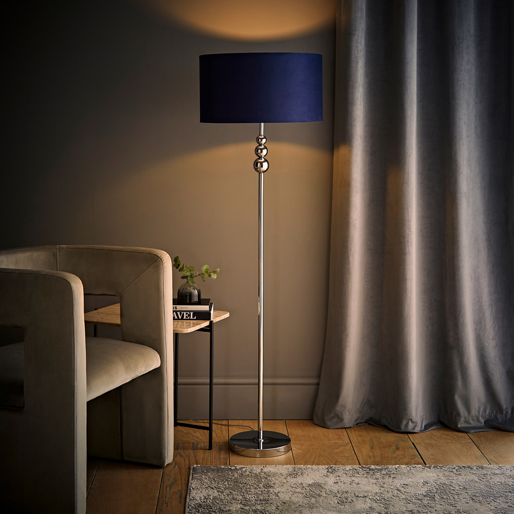 ValueLights Marissa Reni Navy Blue Velvet Shade and Chrome Ball LED Floor Lamp Image 6