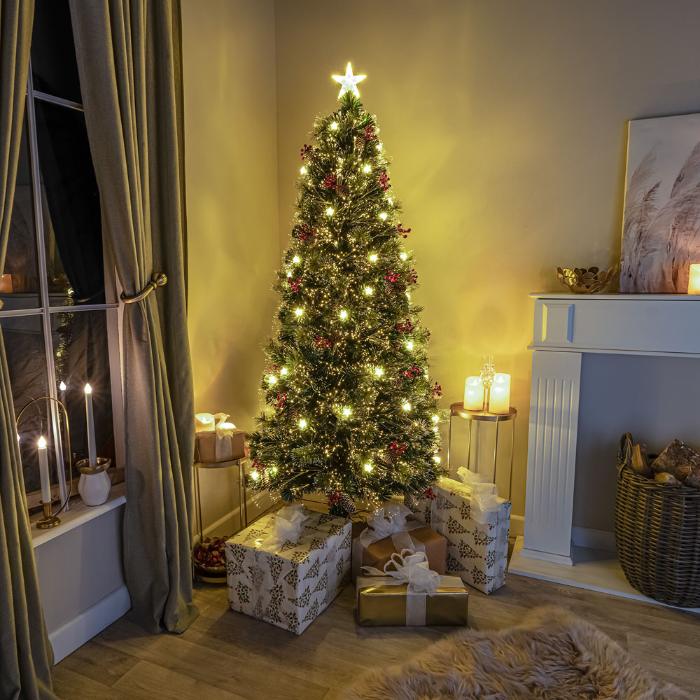 The Christmas Centre 32 Warm White LED Green Fibre Optic Artificial Xmas Tree with Berries Cones 6ft Image 2