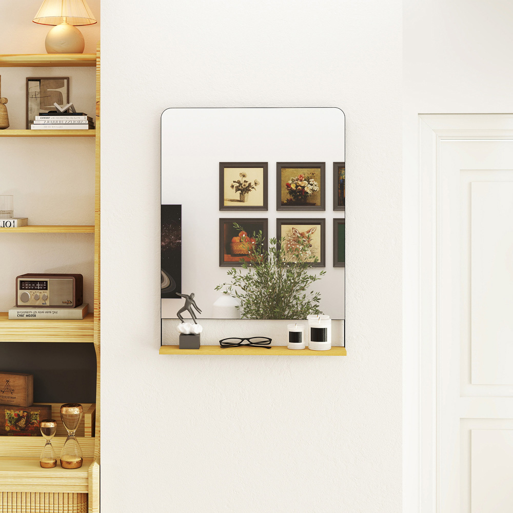 Portland Black Metal Frame Industrial Wall Mirror with Wood Shelf 80 x 60cm Image 4