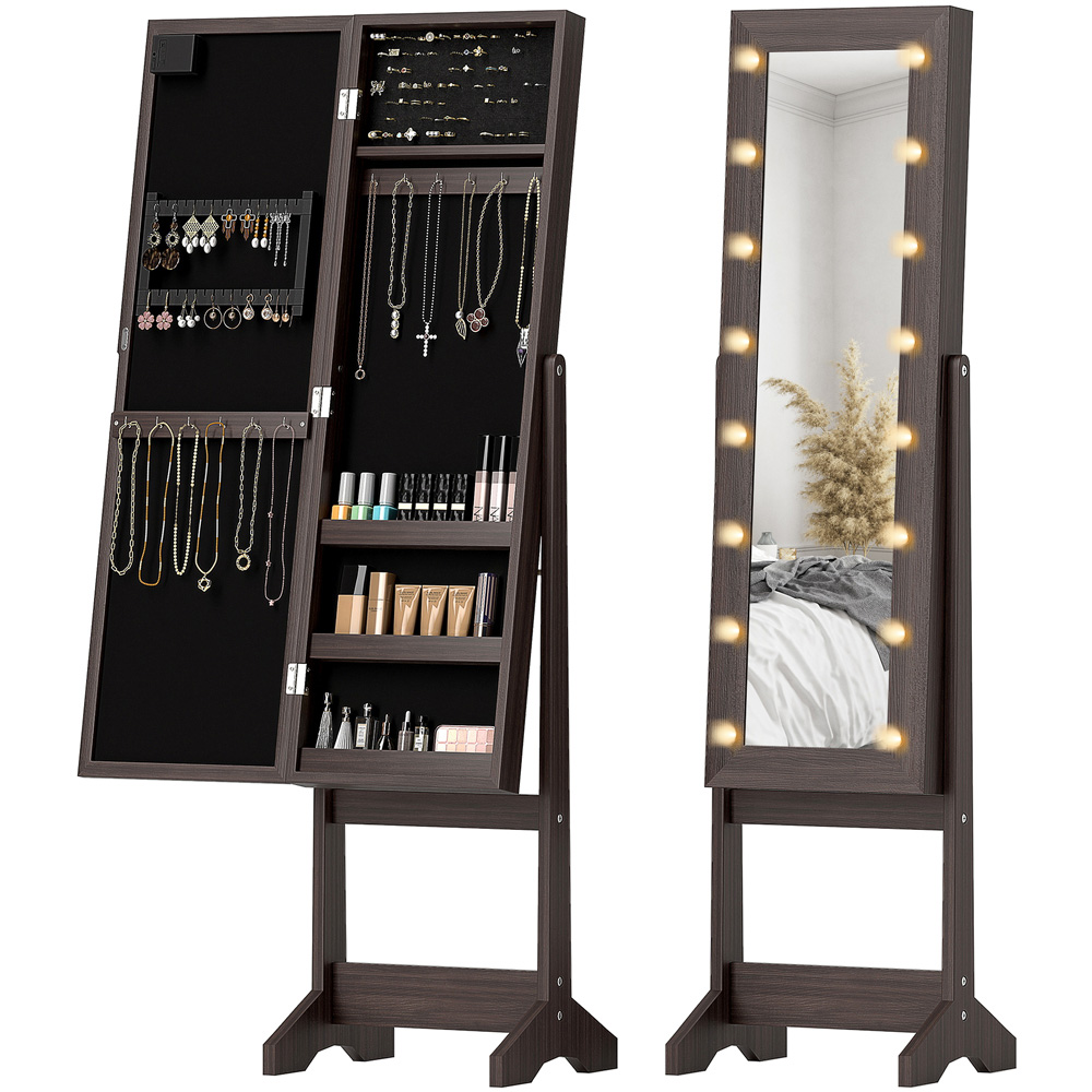 HOMCOM Dark Brown Freestanding LED Mirrored Jewellery Cabinet Image 3