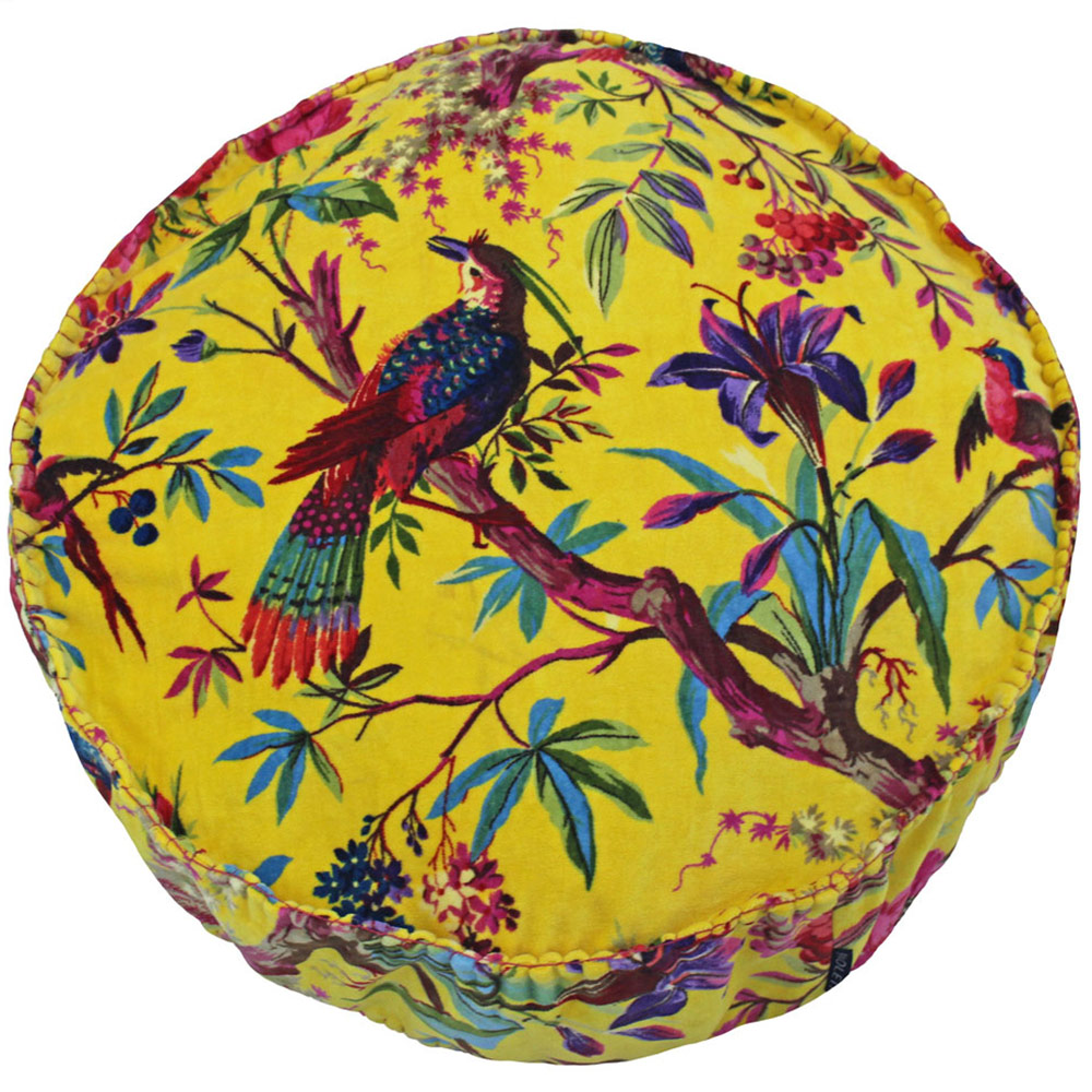 Paoletti Paradise Yellow Velvet Round Cushion Image 1