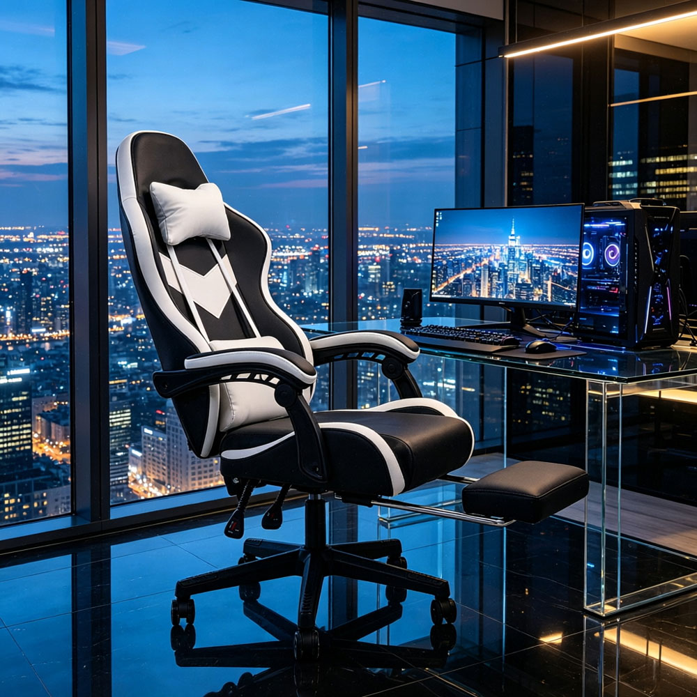 Living and Home White and Black Fabric Gaming Chair with Footrest Image 8