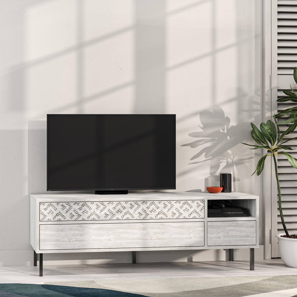 Decortie Heaton 3 Drawer Single Shelf Ancient White TV Stand Image 3