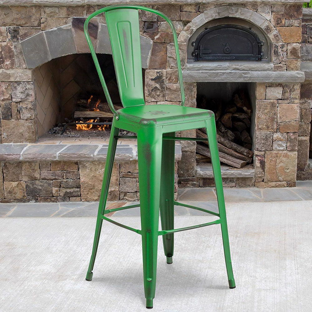 FWStyle Set of 4 Green Distressed Steel Bar Stool Image 1