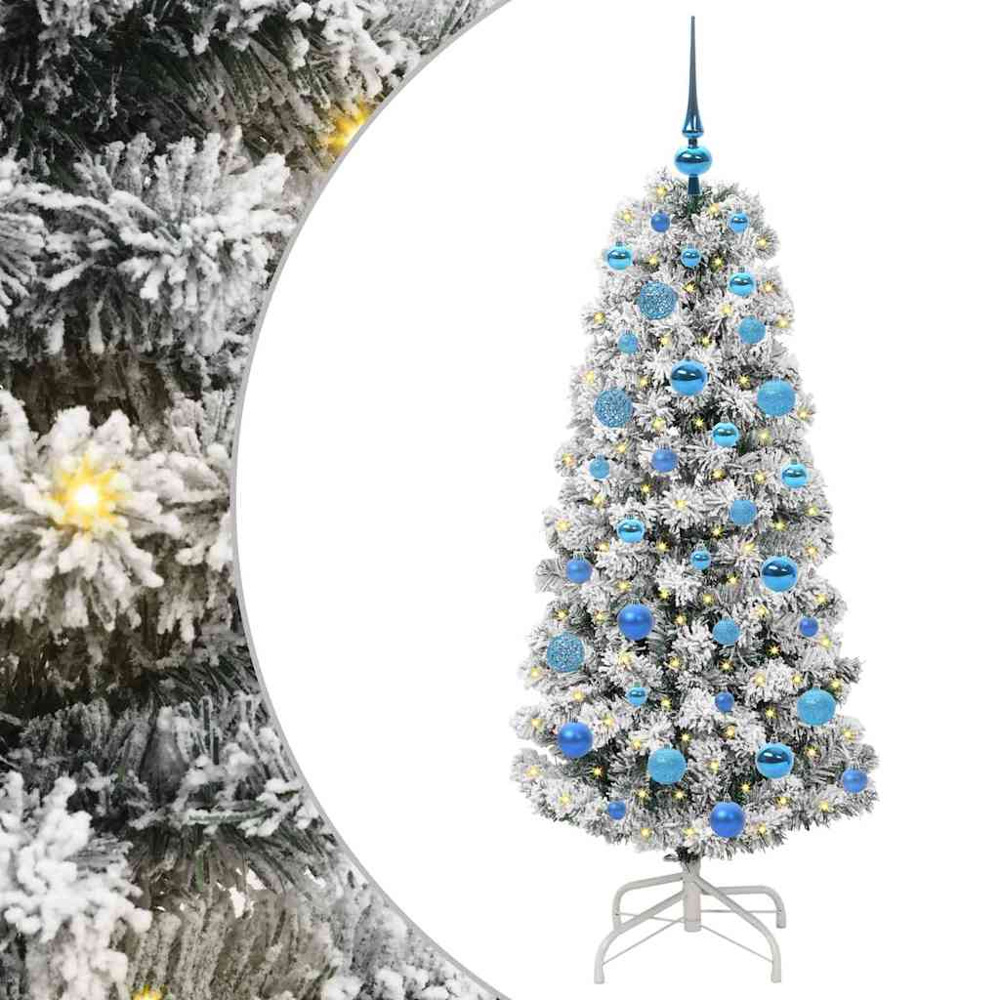 vidaXL Pre-Lit Warm White LED and Blue Baubles Snow Flocked Artificial Christmas Tree 5ft Image 2