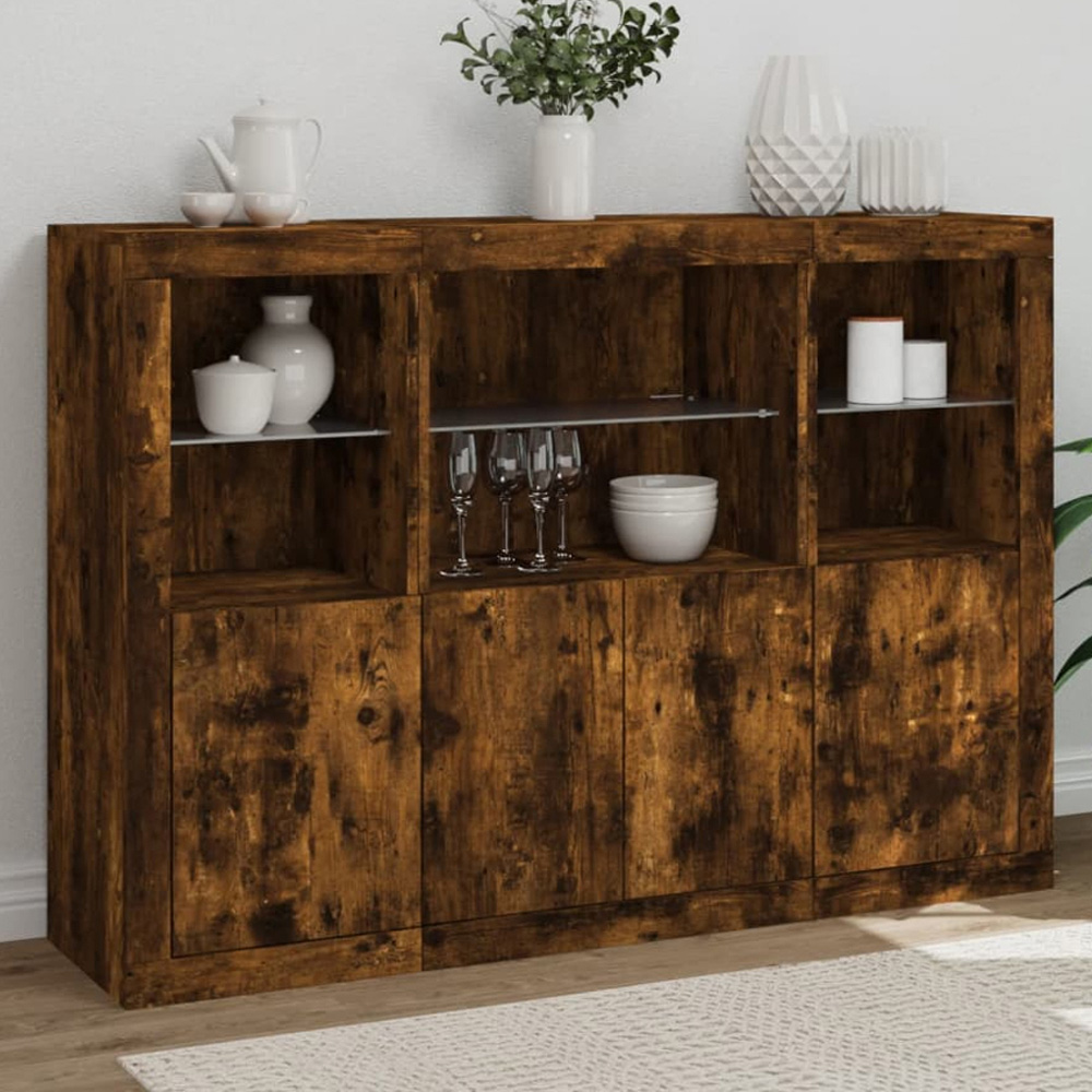 vidaXL 4 Door 6 Shelf Smoked Oak Wide Sideboard with LED Lights Image 1