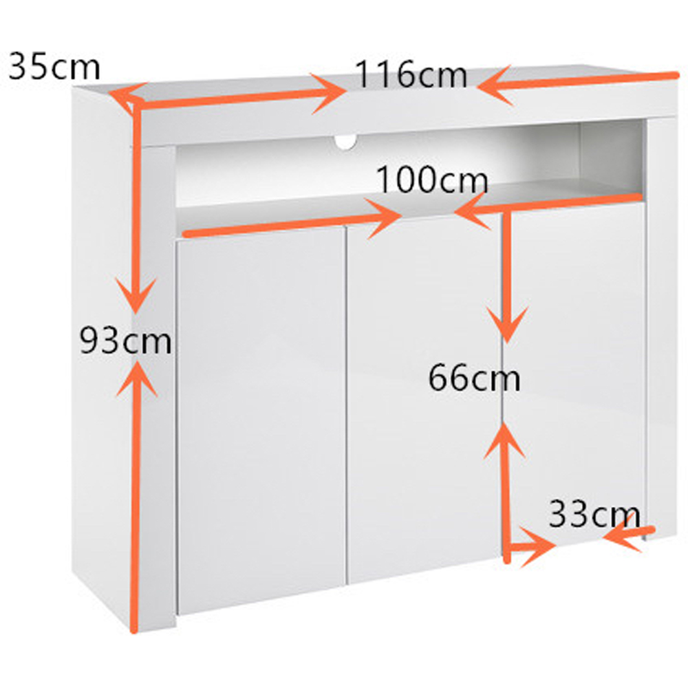 MMT Furniture Designs 3 Door Single Shelf Matt Gloss White Modern Buffet Cabinet with LED Image 5