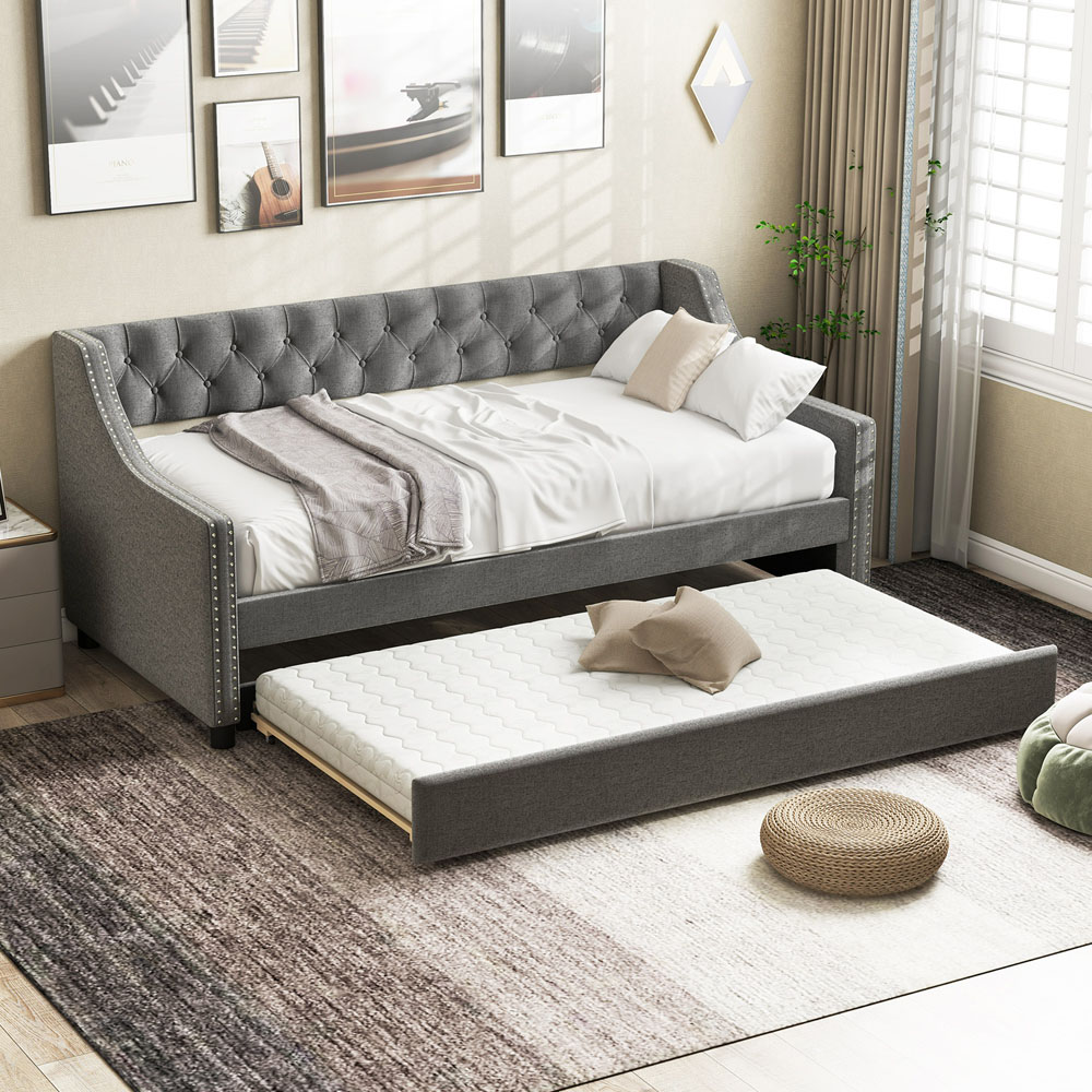 Costway Single Grey Linen Trundle Bed with Backrest Image 3