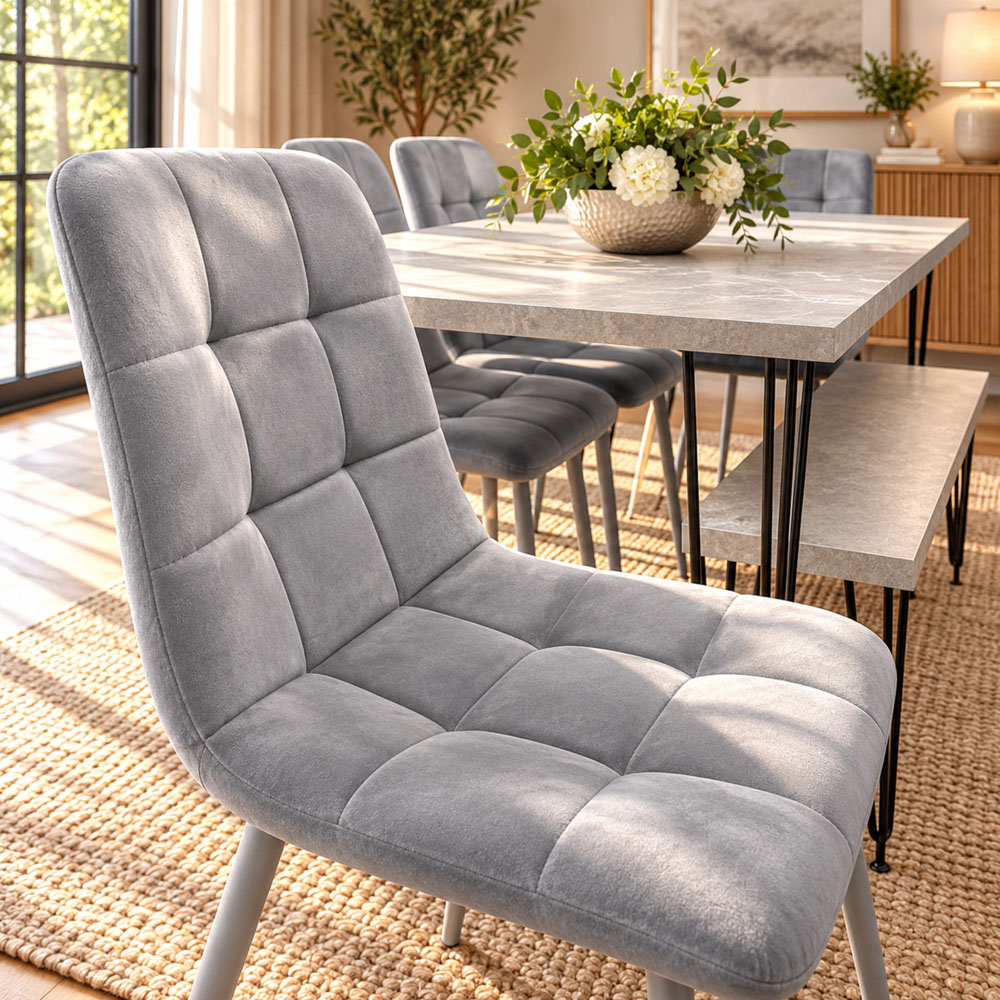 Kosy Koala 6 Seater Grey Velvet Dining Table Set Image 2