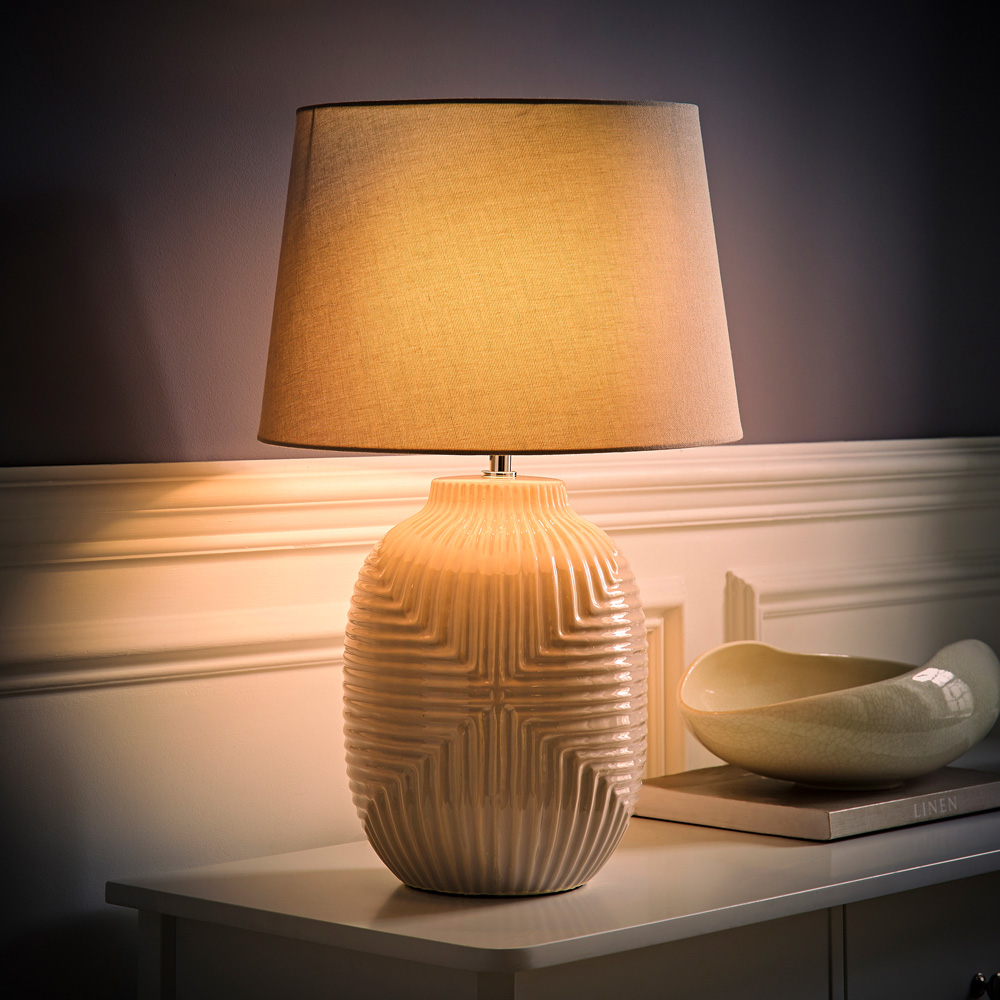 ValueLights Harrison Tapered Shade Grey Geo Ribbed Pattern Gloss Large LED Table Lamp Image 6