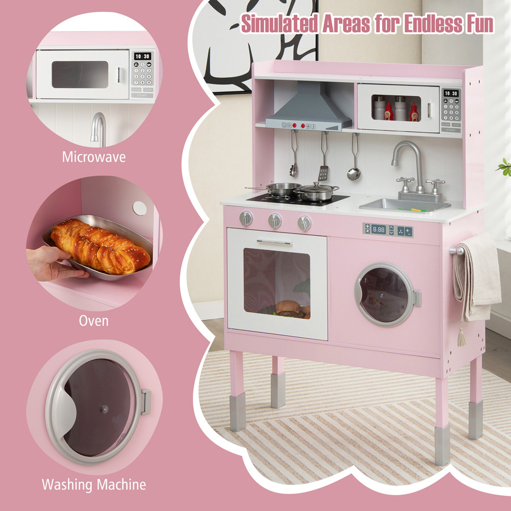 Costway Pink Kids Adjustable Wooden Kitchen Play Set with Washing Machine Image 6