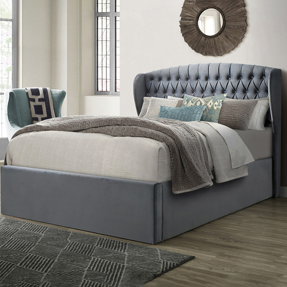 Warwick Double Grey Velvet Ottoman Bed Image 1