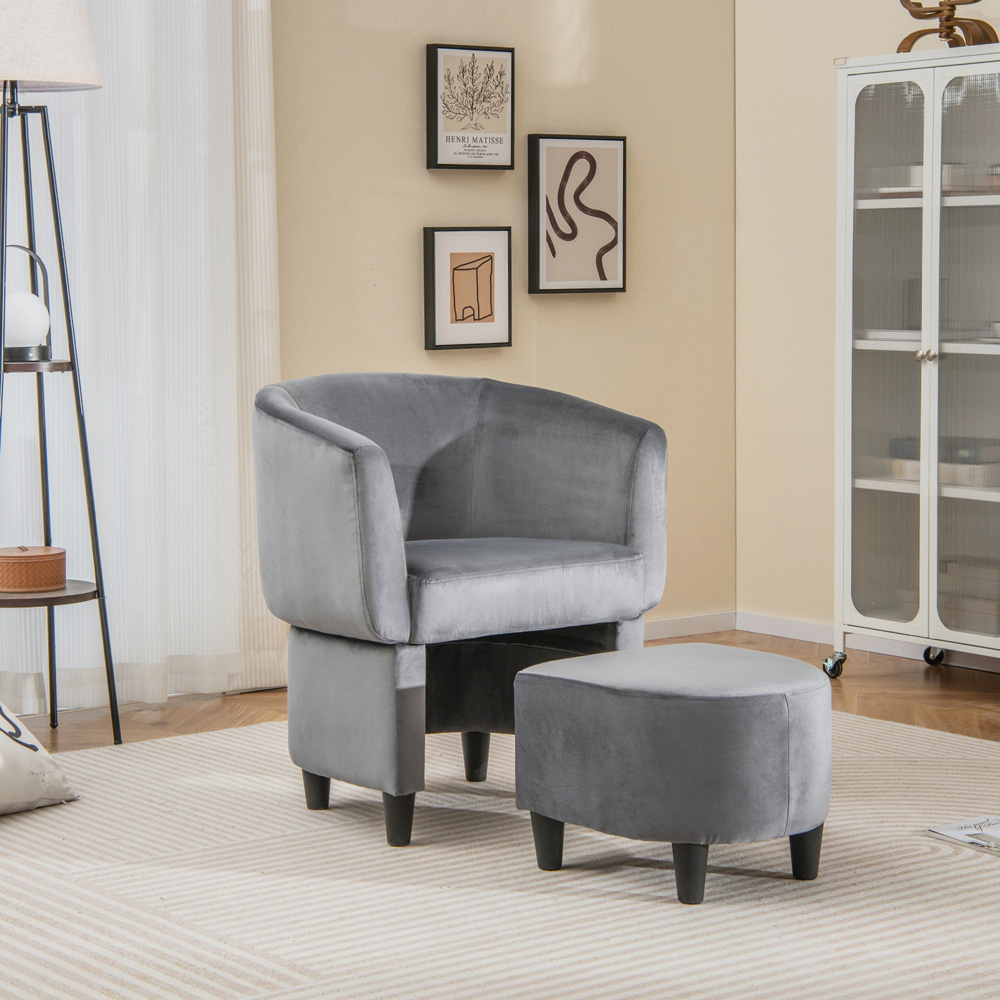 Costway Grey Upholstered Velvet Armchair with Ottoman Image 3