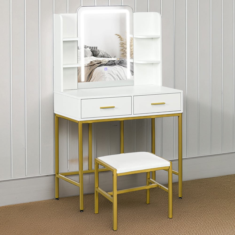 Portland 2 Drawer 4 Shelf White Makeup Vanity Desk Set with Lighting Mirror Image 1