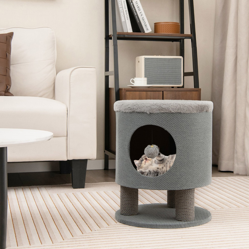 Costway Grey Cat Condo Stool with Scratching Posts Image 2
