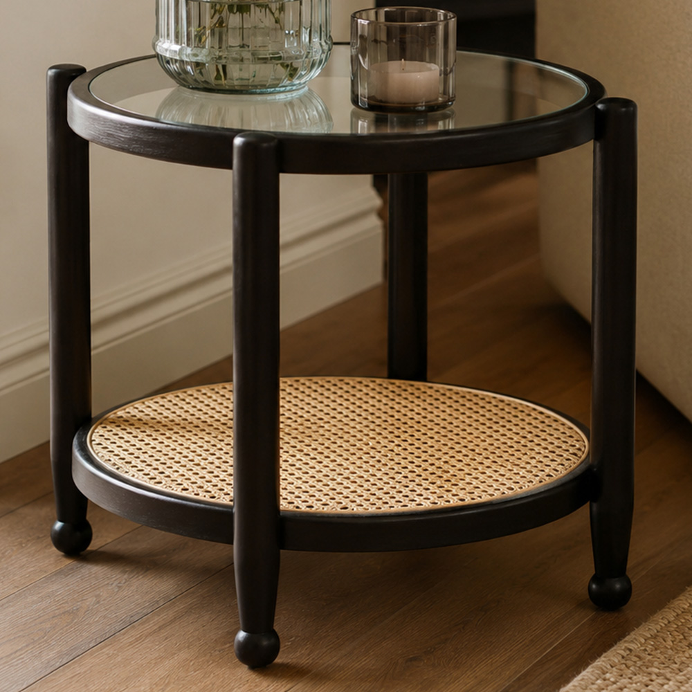 Premier Housewares Cebu Single Shelf Rattan and Glass Side Table Image 1