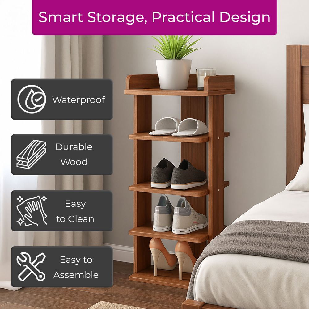 Neo 5 Shelf Walnut Wooden Shoe Rack Image 6