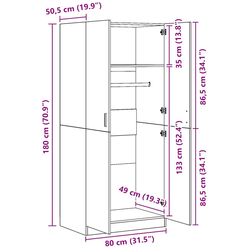 vidaXL 2 Door Smoked Oak Engineered Wood Wardrobe Image 9
