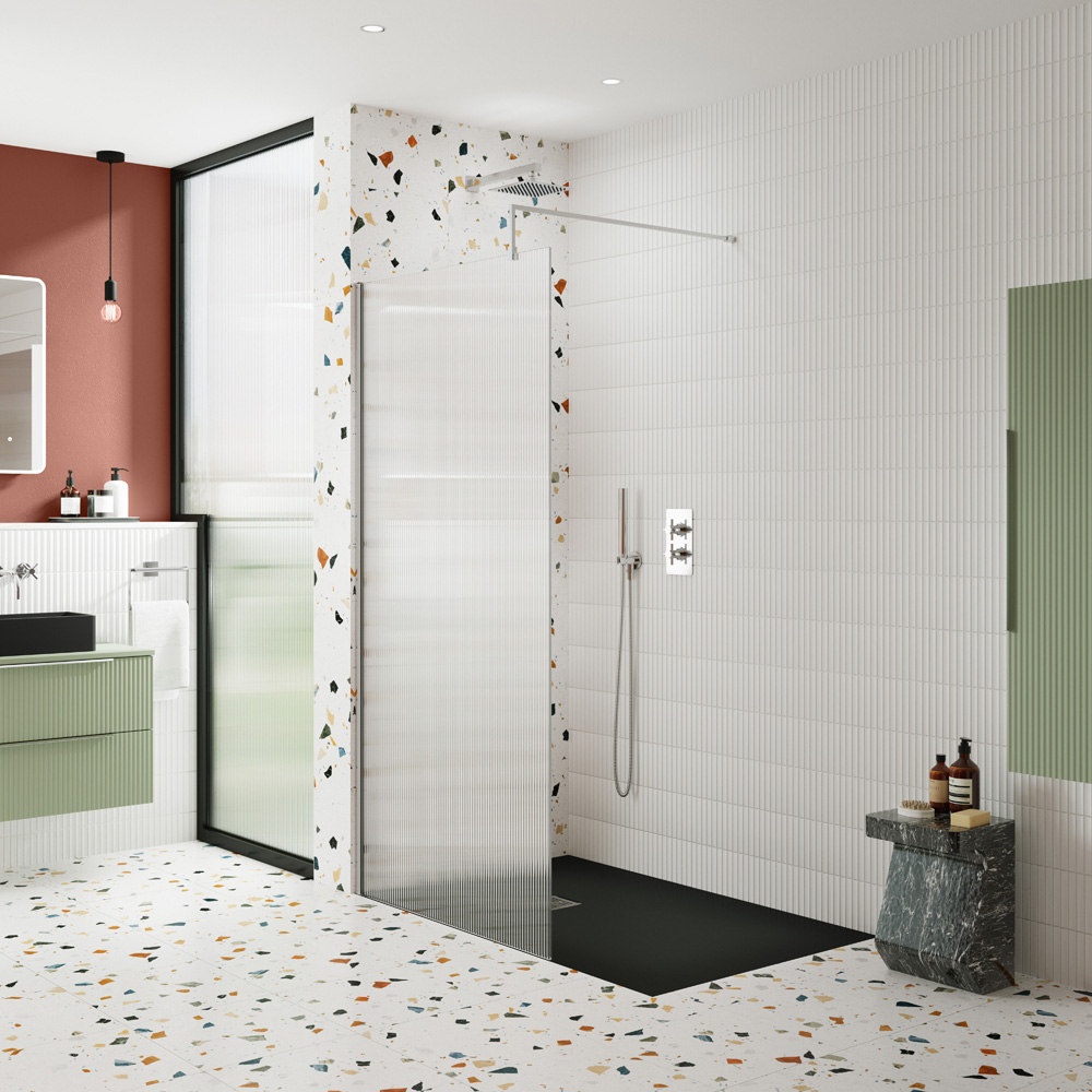 nuie Chrome Fluted Wetroom Screen with Support Bar 1850 x 1000mm Image 2