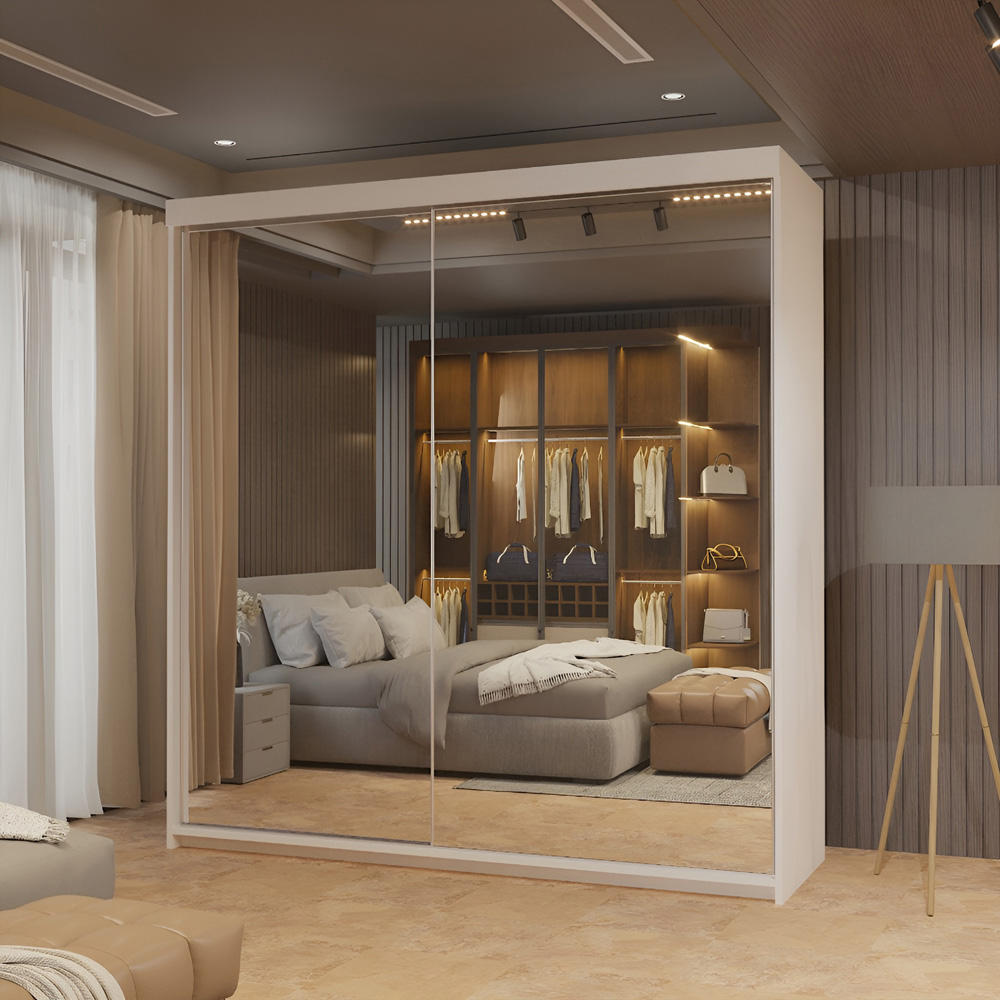 Sliding Wardrobes 4U Queen 2 Door White Wide Full Length Mirrored Sliding Wardrobe 200cm Image 5