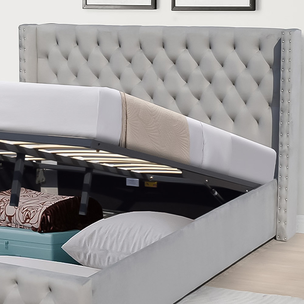 Brooklyn King Size Light Grey Plush Velvet Storage Ottoman Bed with Winged Headboard Image 4