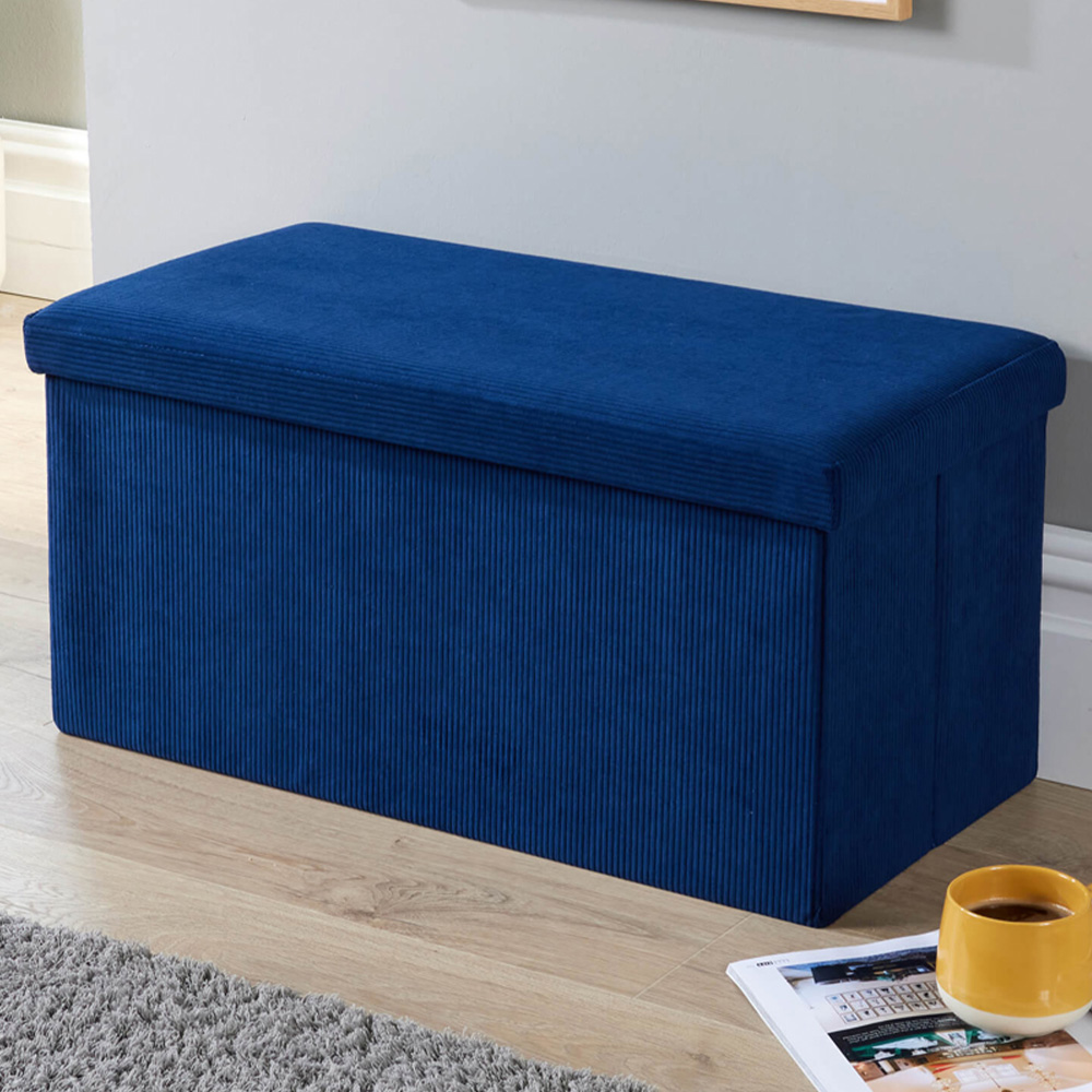 Home Source Blue Corduroy Upholstered Folding Ottoman Image 1