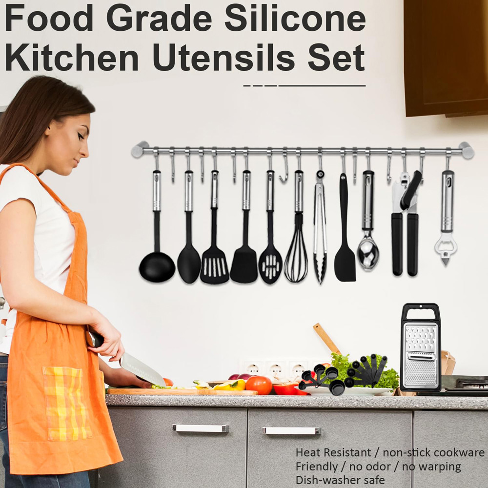 ATEK 24 Piece Black Silicone Kitchen Cooking Utensil Set with Stainless Steel Handle Image 2