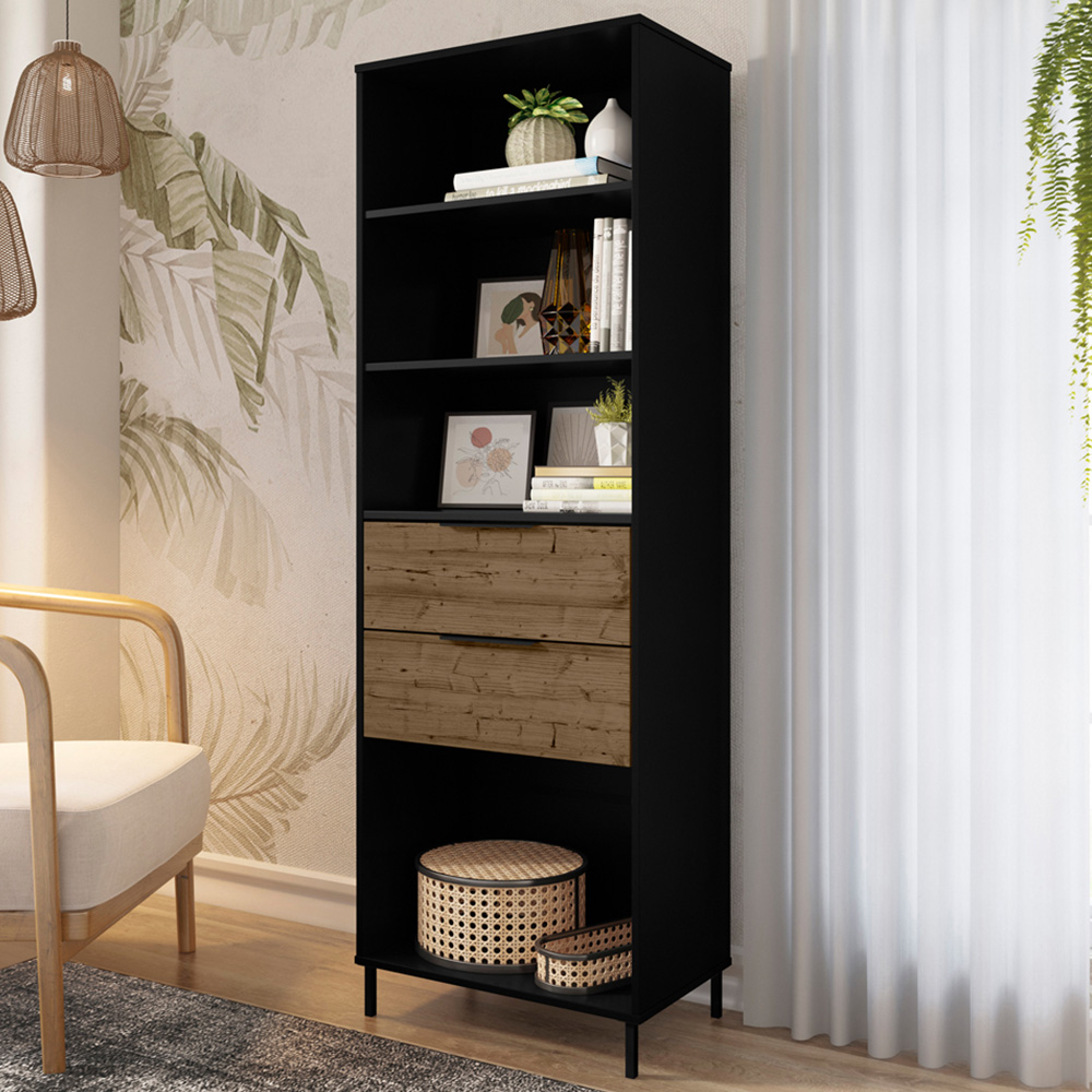 Seconique Madrid 2 Drawer 4 Shelf Black Acacia Effect Bookcase Image 1