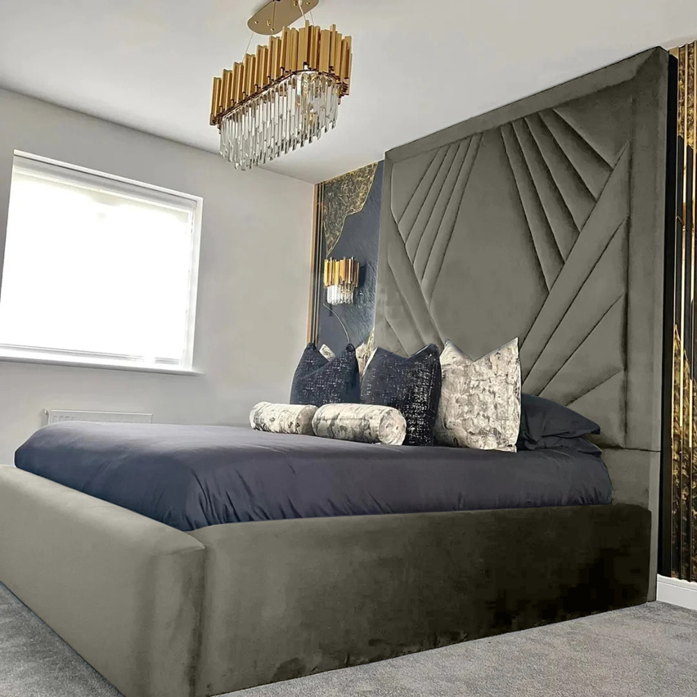 Eleganza Home Solia Double Grey Plush Velvet Bed Frame with Headboard Image 1