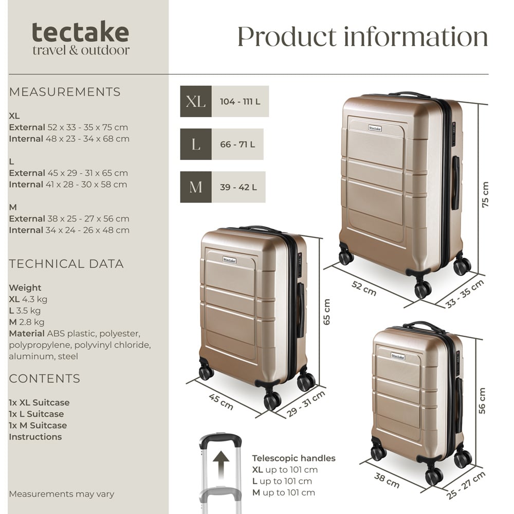 Tectake Brice Set of 3 Champagne Hard Shell Travel Suitcase Set Image 8