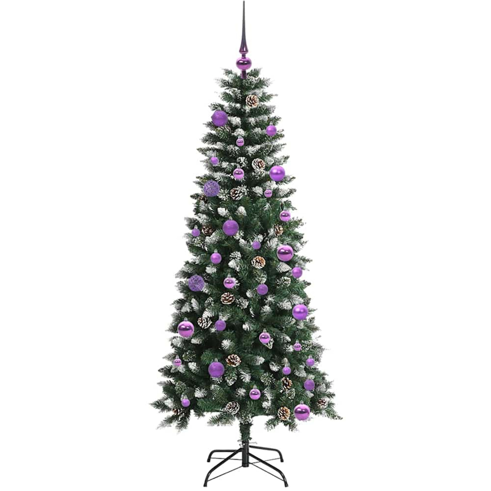 vidaXL Pre-Lit Lilac Baubles Green Artificial Snow Tipped Christmas Tree 5ft Image 4