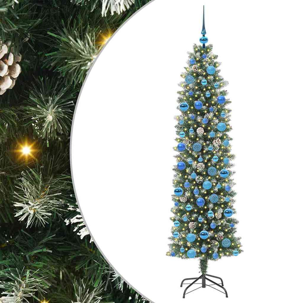 vidaXL Pre-Lit Warm White LED and Blue Baubles Green Slim Artificial Christmas Tree 6ft Image 7