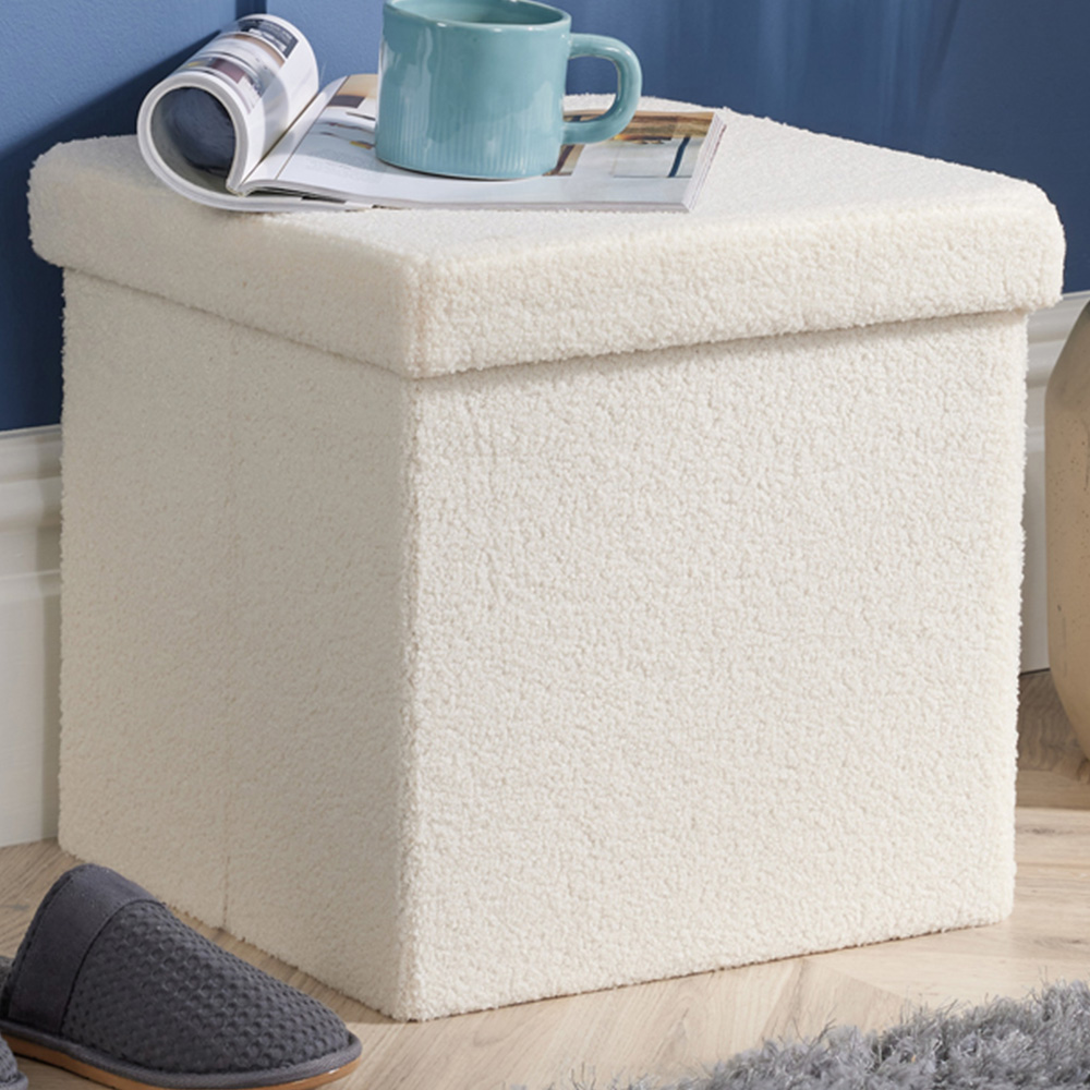 Home Source Cream Teddy Fur Folding Ottoman Image 1