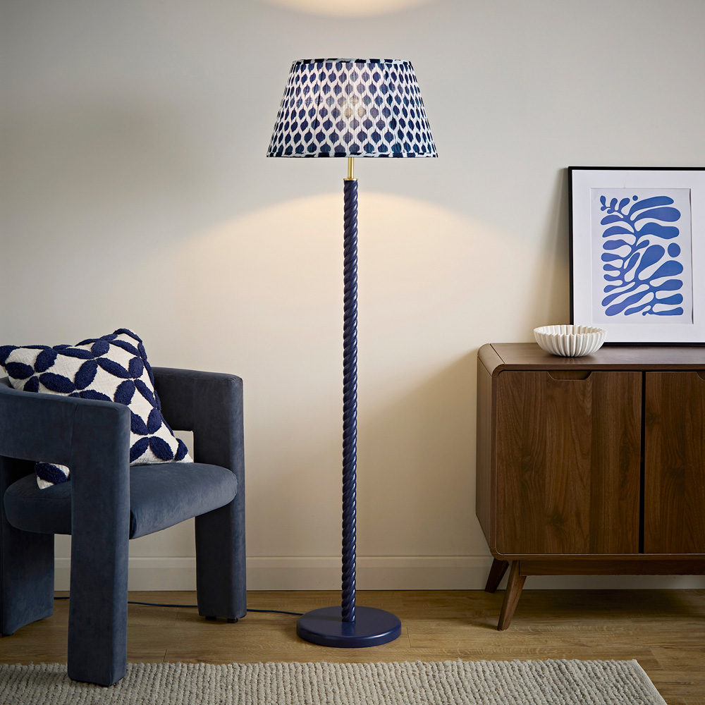 ValueLights Amara Blue Ikat Pleated Shade Navy Twist Floor Lamp with Bulb Image 2