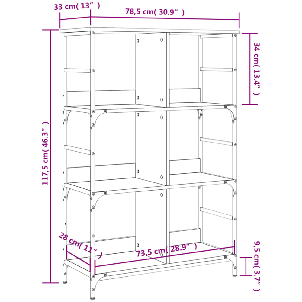 vidaXL 6 Shelf Grey Sonoma and Black Wood and Steel Wide Bookcase Image 9