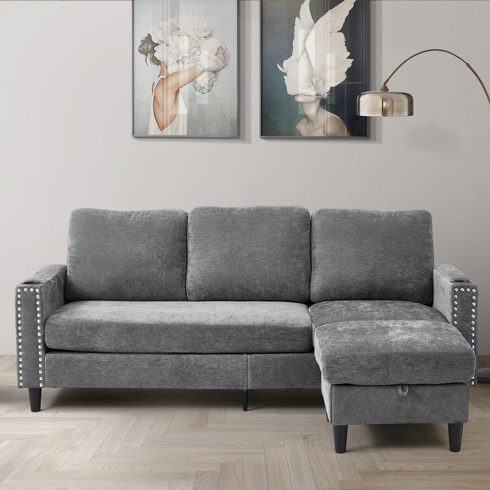 Living and Home 4 Seater Grey Chenille Sofa with Footstool and Cup Holders Image 8
