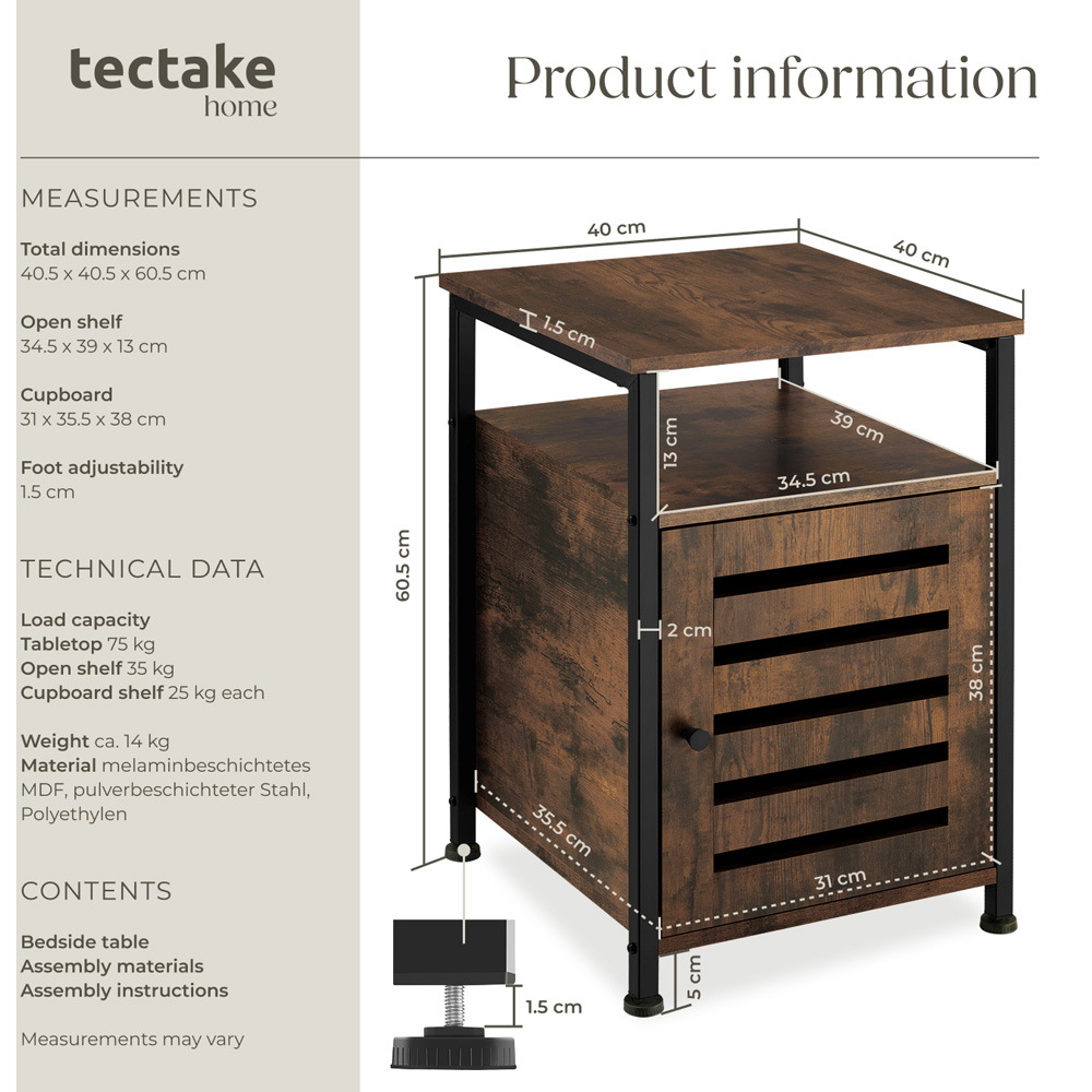 Tectake Cork Single Door Single Shelf Rustic Dark Wood Bedside Table Image 9