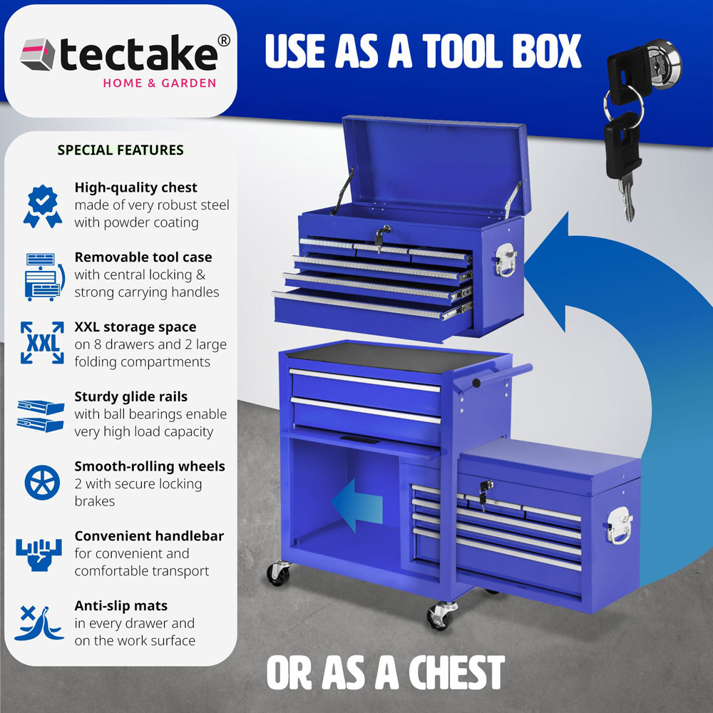tectake 8 Drawer Blue Tool Chest of Drawers with Wheels Image 6
