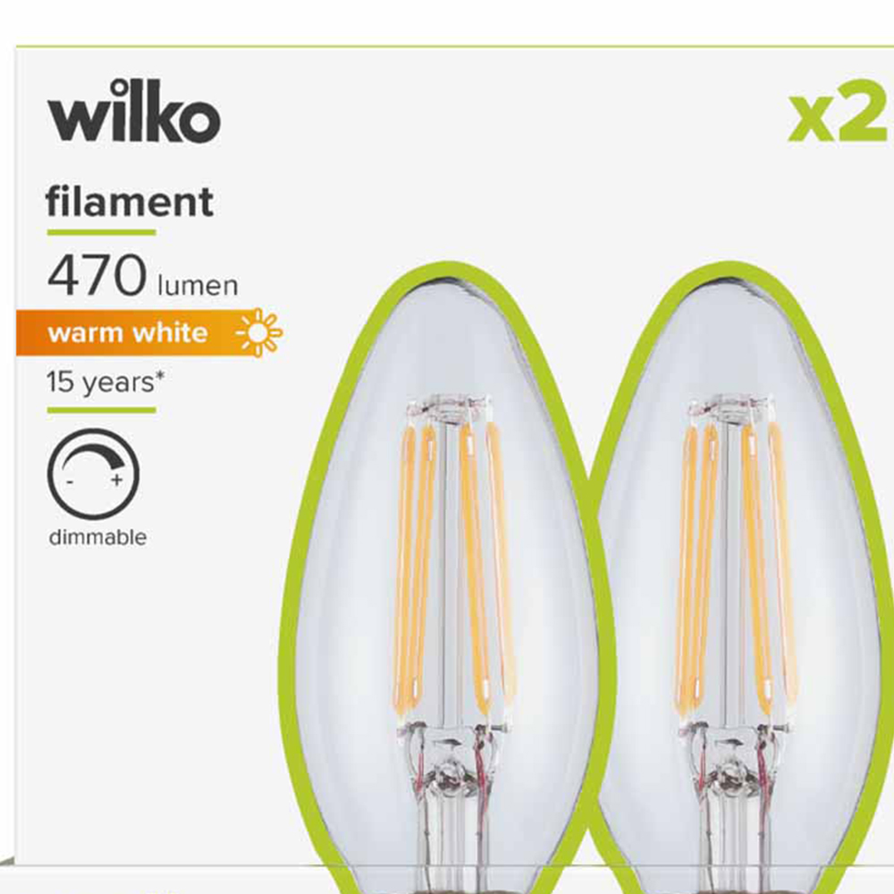 Wilko 2 pack Small Screw E14/SES 470lm LED Filament Candle Light Bulb Dimmable Image 5