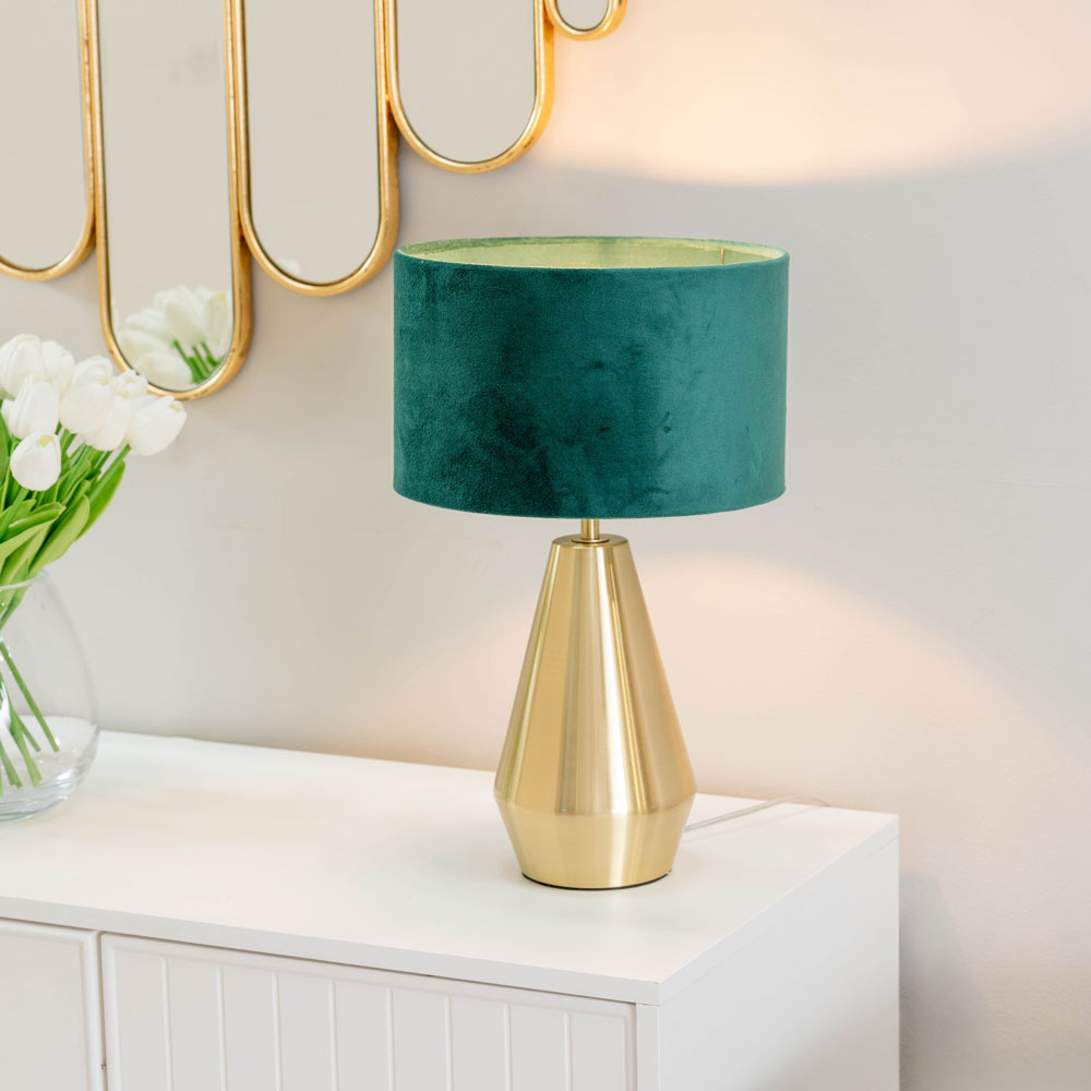 ValueLights Jax Green Velvet Shade Antique Brass Touch LED Table Lamp Image 2