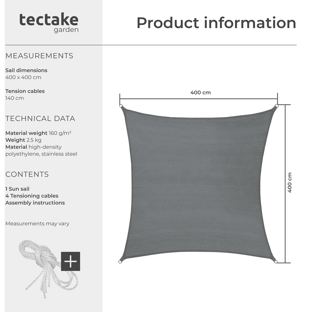 tectake Grey UV 50+ Rectangular Shade Sail 400cm Image 8