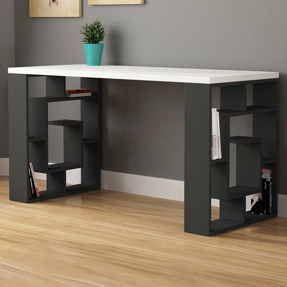 Decortie Labirent Bookshelf Leg Modern Computer Desk White and Anthracite Grey Image 1