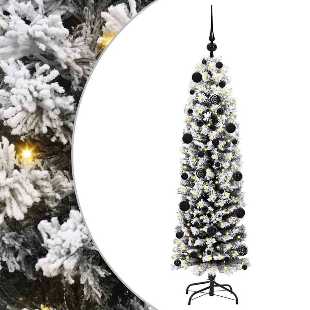 vidaXL Green Snow Flocked Artificial Christmas Tree with LEDs Black Decoration Ornaments 5ft Image 2