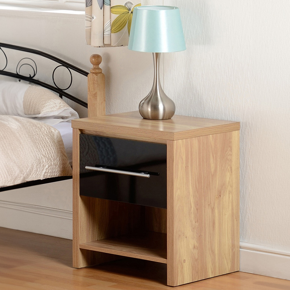 Seconique Seville Single Drawer Black Gloss Light Oak Effect Veneer Bedside Table Image 1