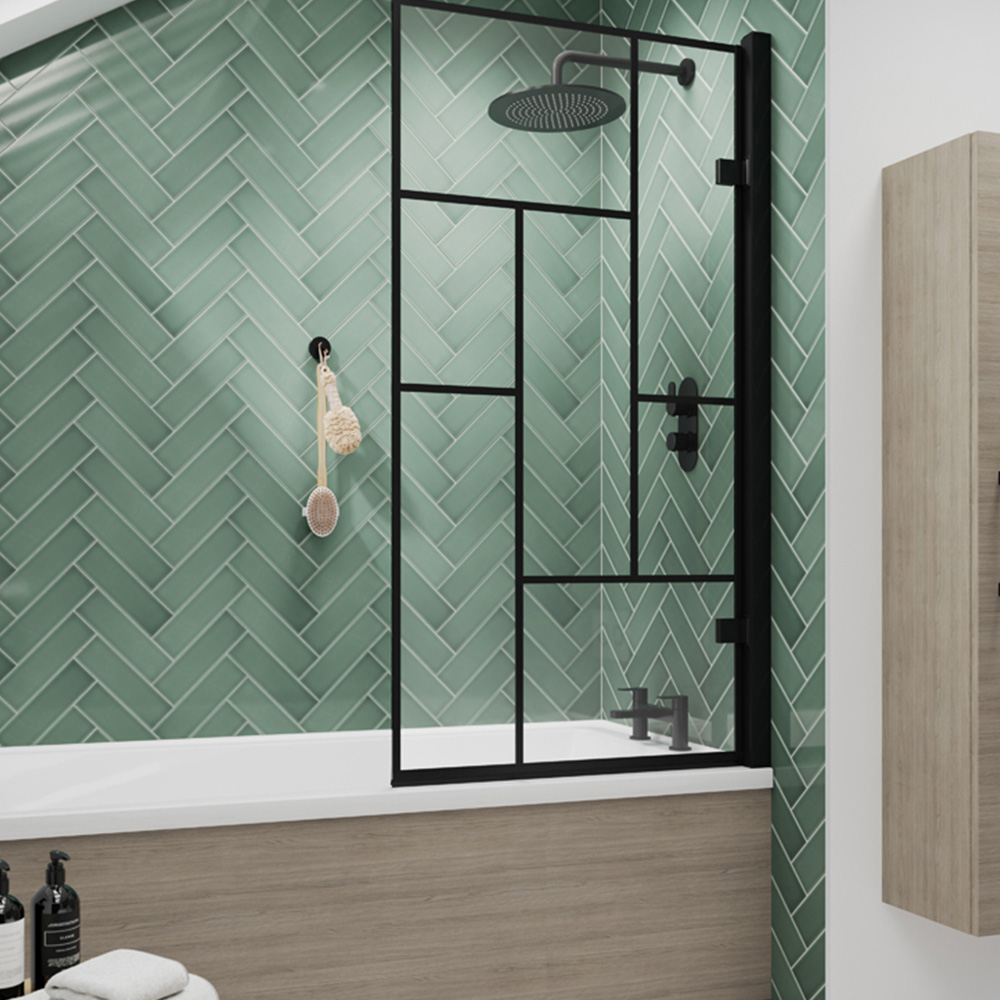 nuie Matt Black Abstract Square Shower Bath Screen 830mm Image 2