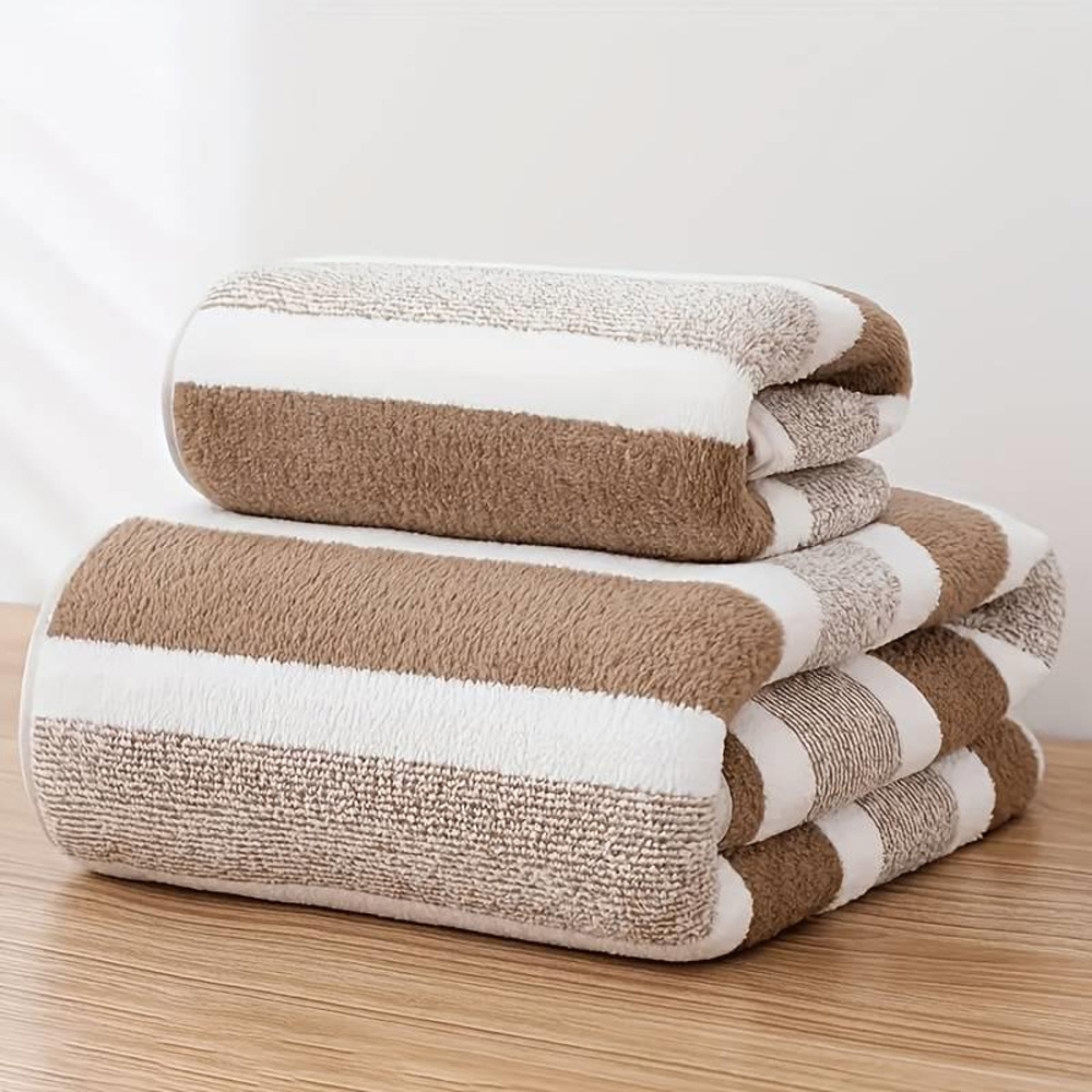 Dyzi Brown Striped Ultra Absorbent Quick Dry Hand and Bath Towel Set Image 2
